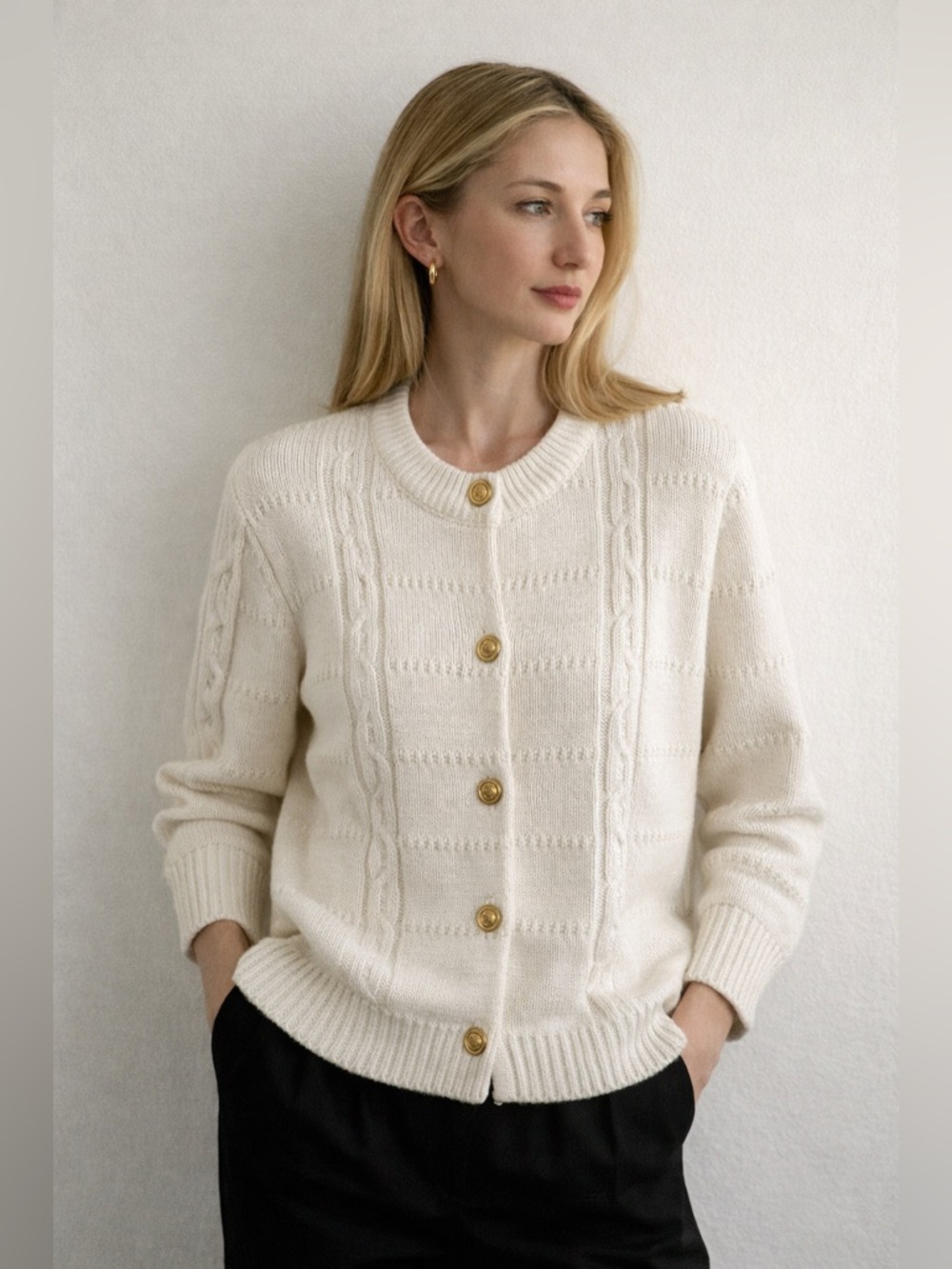 Vintage 90s Cream Cotton Cardigan Gold Crest Buttons USA S